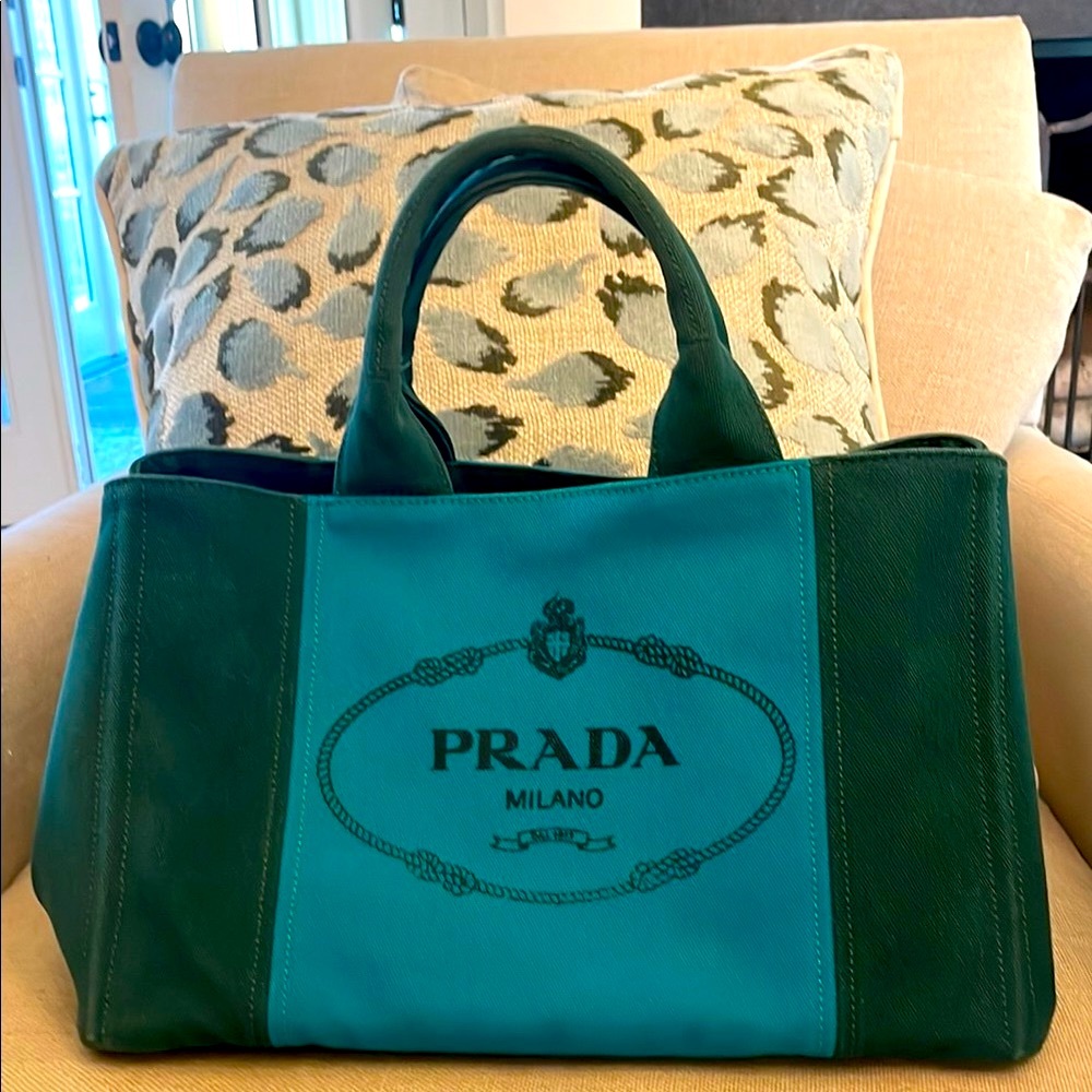 Prada Canapa Green and Turquoise Tote Bag